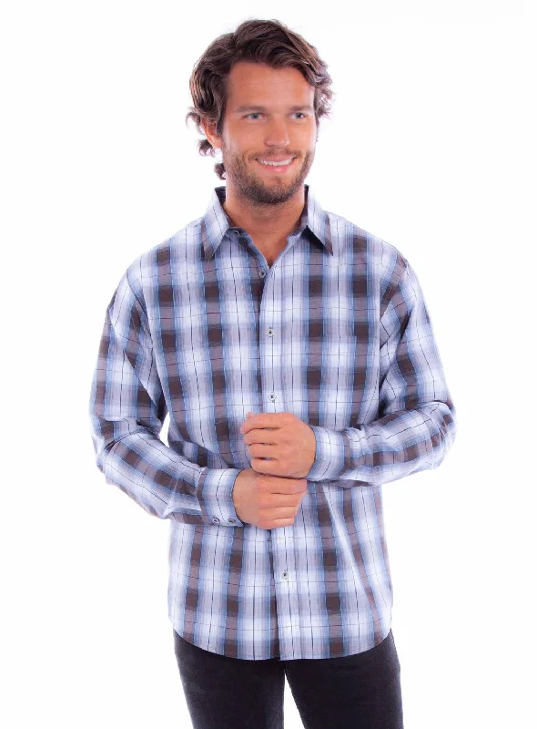 Men’s bold microcheck shirt-Scully Mens Worn Outs Plaid Blue/Brown 100% Cotton L/S Shirt