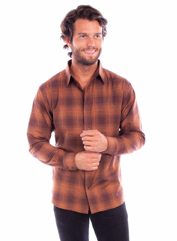 Men’s bold chamois shirt-Scully Mens Worn Outs Plaid Brown 100% Cotton L/S Shirt