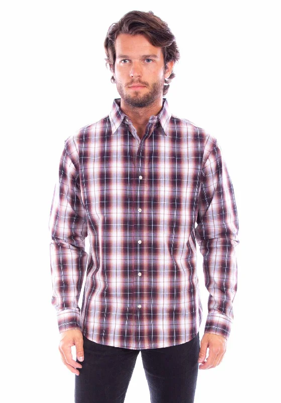 Men’s casual microcheck shirt-Scully Mens Worn Outs Plaid Burgundy 100% Cotton L/S Shirt