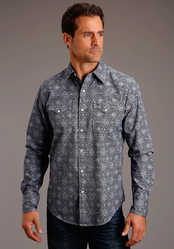 Men’s durable madras shirt-Stetson Mens Blue 100% Cotton Classic Medallion L/S 2 Pocket Shirt