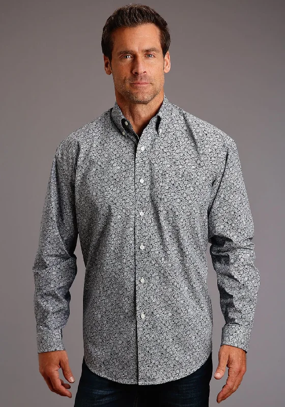 Men’s soft jacquard shirt-Stetson Mens Blue 100% Cotton Vintage Vine BD L/S 1 Pocket Shirt