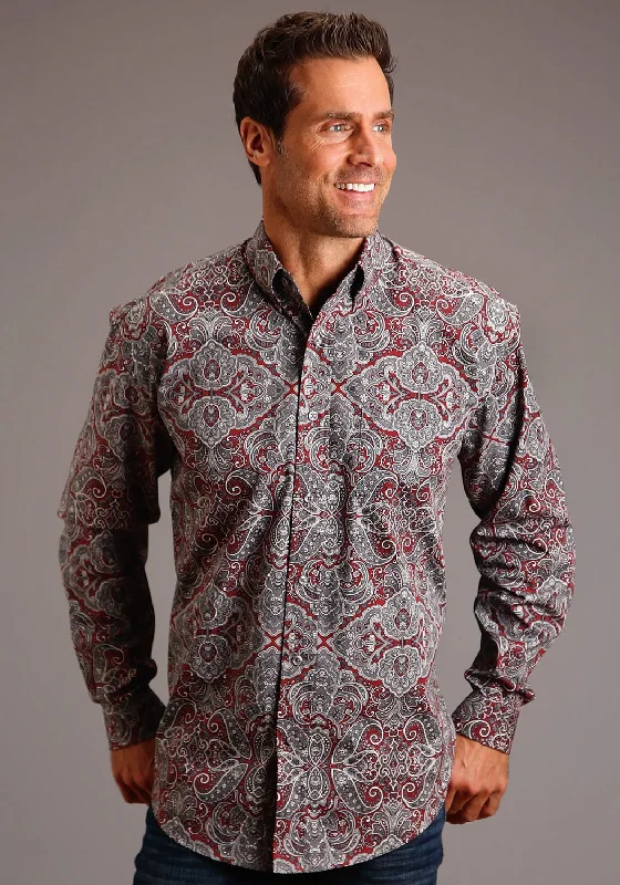 Men’s comfy tattersall shirt-Stetson Mens Wine 100% Cotton Medallion Paisley BD L/S 1 Pocket Shirt