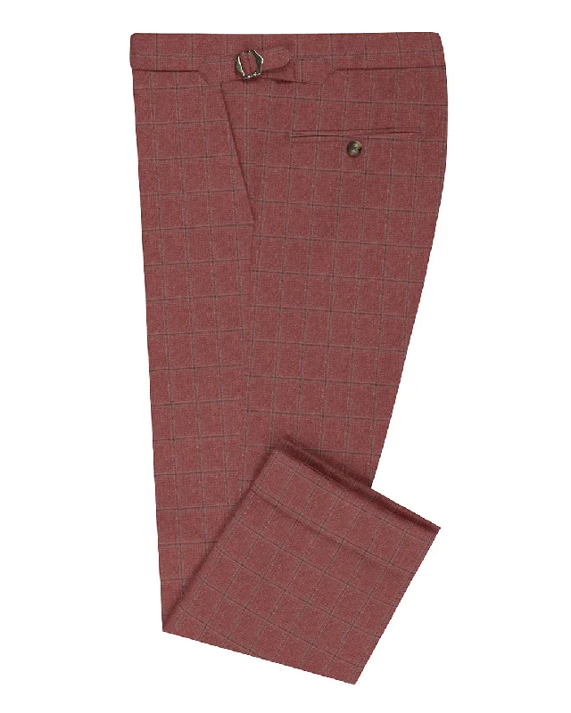 Men’s soft seersucker pants-EThomas Dark Salmon Pink Windowpane Checks